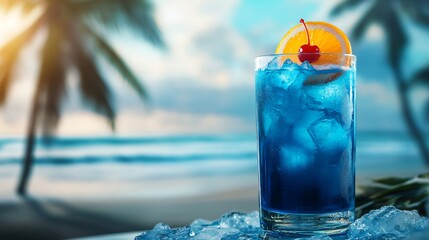 Blue cocktail with orange and cherry on a beach background.