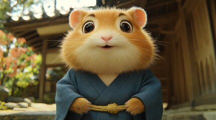 Fototapeta premium Hamster in a sumo wrestling match, wearing traditional attire, humorous and exaggerated cartoon