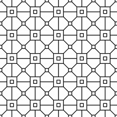 Seamless black and white geometric pattern consisting of interconnected squares forming a regular weave. Suitable for various creative projects or decorative elements.