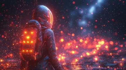 Obraz premium Futuristic Cyborg Walking Through Glowing Lights