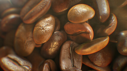 Close up Detail Shot of Coffee Beans Falling Down on a wooden background. 3D Realistic render.