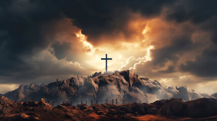 Obraz premium generated illustration of Christian cross appears in the sky background.