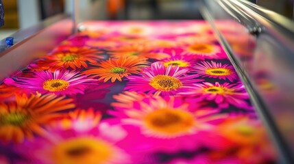 Bright pink and orange flowers being printed on fabric through sublimation, highlighting DTF innovation.