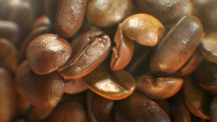 Close up Detail Shot of Coffee Beans Falling Down on a wooden background. 3D Realistic render.