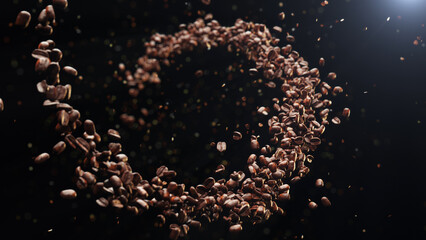 The close-up of coffee bean seed with coffee beans broken explode with a part spiral. 3D render.	
