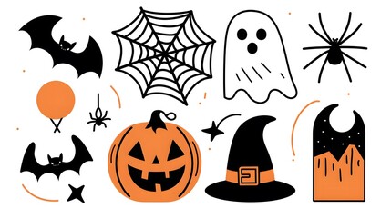 Obraz premium Minimalist Halloween icons feature a collection of stylish designs including a pumpkin, ghost, witch hat, bat, and spider, perfect for contemporary design projects