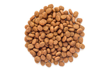Pile of dry pet food isolated on white background. Dry food for cats and dogs.