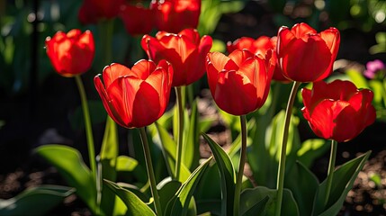 Fototapeta premium Bright red tulips in a flowerbed, with sunlight casting shadows on the petals.