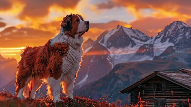 St. Bernard dog gazes at breathtaking sunset over snowy mountains in a serene landscape