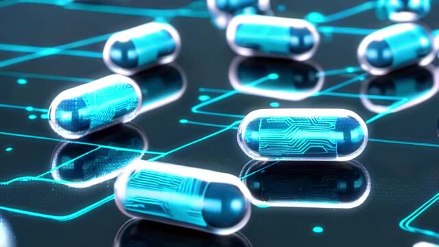 Close-up of futuristic capsules with circuit board designs connected by blue lines on a dark reflective surface.