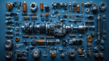 Fototapeta premium Car Engine Parts Disassembled Motor Automotive Components Metal Parts Mechanical Engineering Metalworking