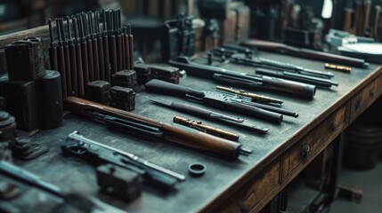 Naklejka premium A vintage weaponry production facility, focused on recreating weapons from past eras with precision and historical accuracy.