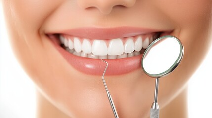 Fototapeta premium Beautiful woman smiling with her white teeth with dental tools 