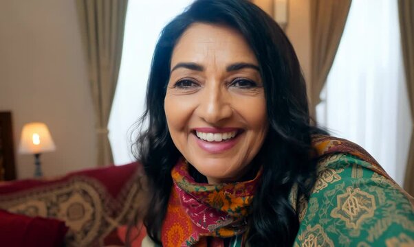 Iranian Woman Video Calling Family in Cozy Living Room