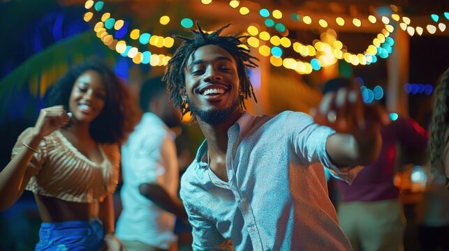 Young men and women dancing at a lively party.