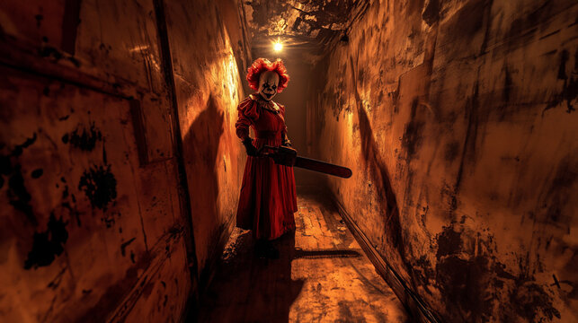 An evil clown with a chainsaw stands in a creepy alley - a haunted house or Halloween theme sadistic clown in the shadows