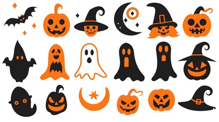 Halloween icon set featuring vibrant orange and black designs, perfect for seasonal decorations, party invitations, and festive designs that celebrate the spooky charm of Halloween