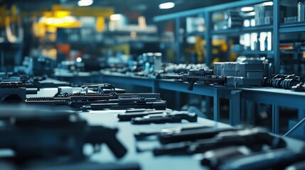 Obraz premium Non-lethal weapon manufacturing facility, where tools for crowd control and law enforcement are produced, highlighting the importance of non-violent defense.