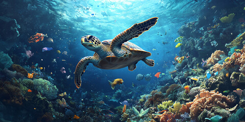 A sea turtle swimming through a polluted ocean filled with plastic waste