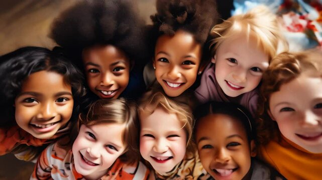 A joyful gathering of diverse children smiling together in a close-knit circle during an afternoon activity