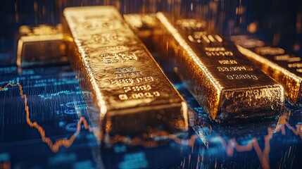 Close-up of gold bars with a financial graph indicating market trends, symbolizing strong investments.