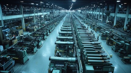 Obraz premium The arms industry in full production, with rows of military equipment and weapons being manufactured, showing the scale of defense manufacturing.