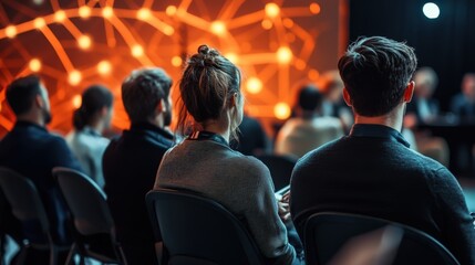A dynamic shot of a digital marketing conference, with speakers discussing trends and innovations in the industry