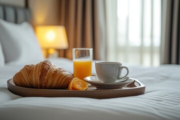 A cozy morning in a hotel with a tray of breakfast treats on a fuzzy bed background
