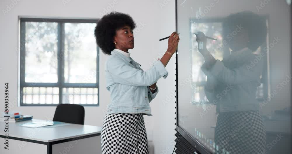 Aufkleber teaching, math and pointing of board, black woman and explaining of equations, smile and talking in 