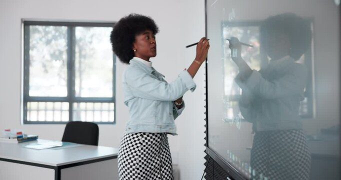 Teaching, math and pointing of board, black woman and explaining of equations, smile and talking in school. College, tutor and internship of person with knowledge and education in classroom and work