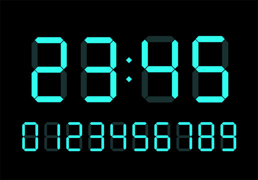 Digital clock numbers. Green Retro Calculator Symbols, LCD Monitor Characters, and Scoreboard Digits