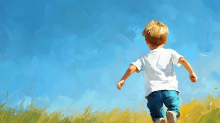 Child Running in a Field Under a Clear Blue Sky - Digital Painting of a Happy Young Boy Enjoying Nature