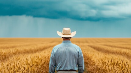 Sustainable Agriculture and Environmental Stewardship: Farmer in Wheat Field Under Stormy Sky
