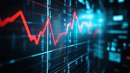 Close-up of digital screen showing financial news ticker with stock market charts. Federal Reserve, interest rate,up, down, interest rate hike,trade war, Market volatility, AI-generated