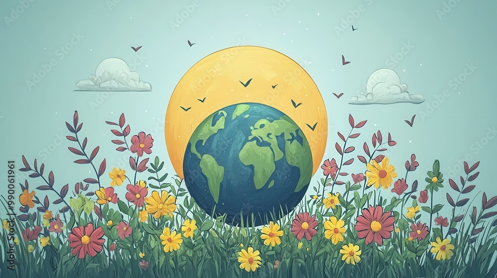 Wall mural Earth Day Illustration with Sun and Flowers