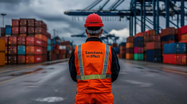 A determined dockworker in a orange uniform, positioned among shipping containers, reflects the repercussions of trade sanctions on global trade.