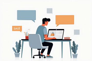 Person shopping online during Black Friday sales at a desk, surrounded by chat bubbles.
