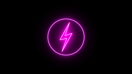 Purple neon lightning bolt, glowing sign. Neon battery charging power symbol, lightning bolt sign in the circle