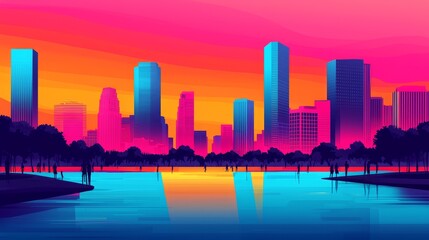 Obraz premium Vibrant Urban Skyline Reflecting in Water at Sunset - Environment Social Governance ESG Concept