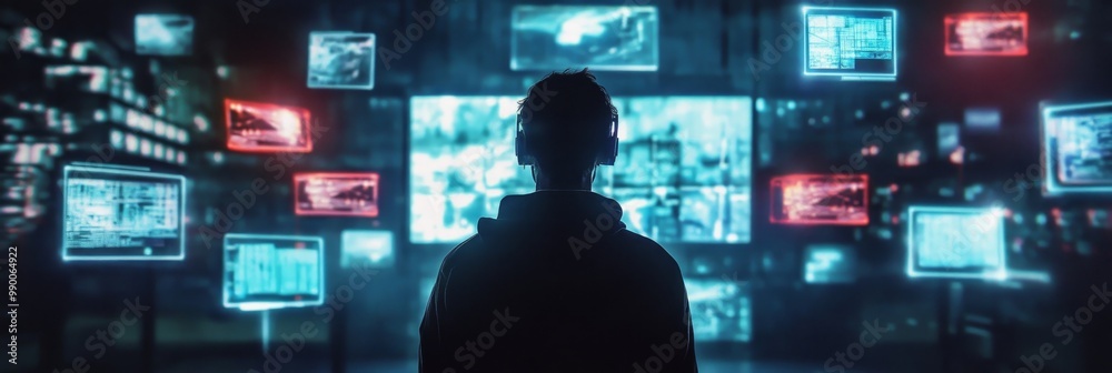 Poster a lone hacker stands in a dark room, surrounded by floating screens displaying data and code. this i