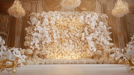 A luxurious wedding backdrop featuring a floral wall made entirely of white roses and orchids, with golden accents and chandeliers creating an elegant setting