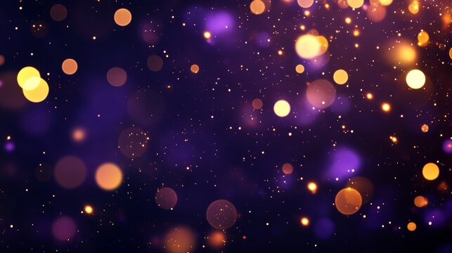 A magical and celebratory background featuring soft bokeh lights in warm yellow and purple tones, perfect for adding a touch of sparkle and festivity to your designs. This image evokes feelings of joy