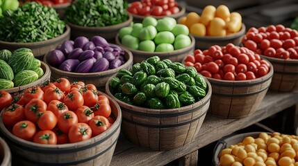 Fresh Organic Vegetables Displayed in Wooden Baskets at Farmers Market Stall
