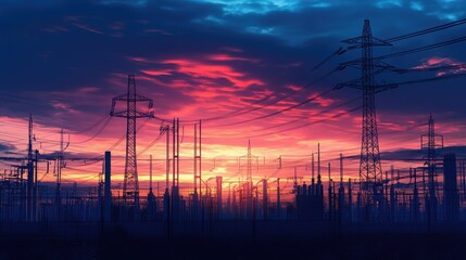 Electrical infrastructure silhouetted at dusk, showcasing the importance of a secure and reliable power grid