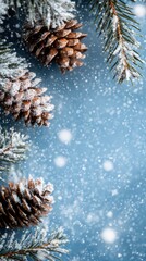 Pine Cones and Snowflakes on Blue blurred  Bokeh Background