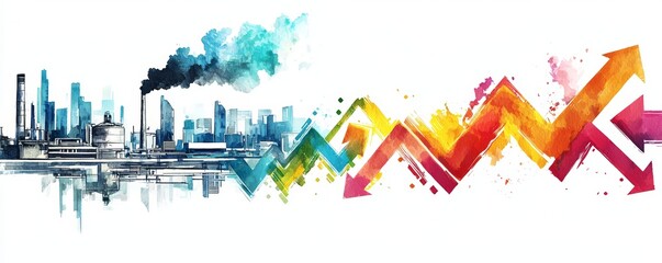 Fototapeta premium Eco-Friendly Factory Concept with Watercolor Illustration of Clean Energy Emission and Carbon Arrows on White Background