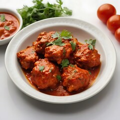 Fototapeta premium Delicious juicy tasty Chicken tikka dish well cooked with some vegetable served, Chicken tikka masala, cooked marinated chicken in spiced curry sauce