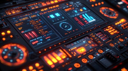 Obraz premium Futuristic Control Panel Interface with Digital Displays and Glowing Lights