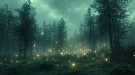 Fototapeta premium Enchanted forest with glowing lights amidst tall trees.