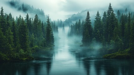 Serene forest river shrouded in mist and tranquility.